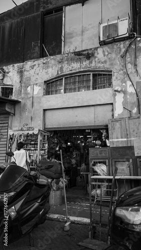 Storefront Rustic Street-Level Monochrome Black White Architectural Charm Detail