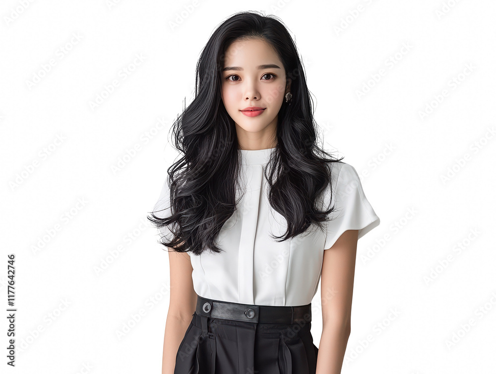 Minimalist fashion, woman in white shirt and black skirt, timeless elegance Minimalist fashion, woman in white shirt and black skirt, timeless elegance