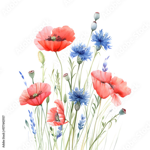 Poppy flowers isolated on transparent.
