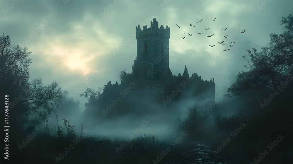 Fototapeta premium Moody Dramatic Castle Silhouette Emerging from Misty Veil with Fluttering Bats