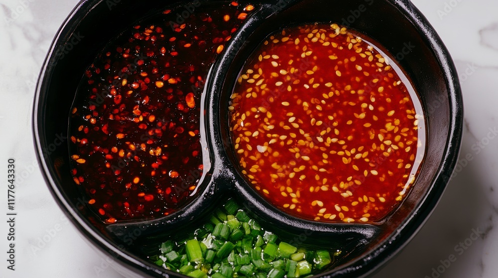 Colorful Condiment Bowl with Spicy Chili Sauce and Green Onions