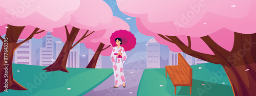 Vector graphics of a girl in a kimono walking under blooming sakura trees