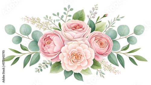 Delicate Watercolor Floral Arrangement with Soft Pink Roses, Peonies, Lush Eucalyptus, and White Accents