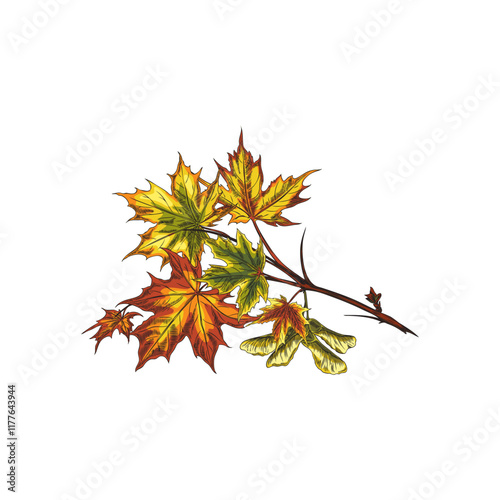 Vector illustration of hand drawn maple tree branch with leaves and seeds.