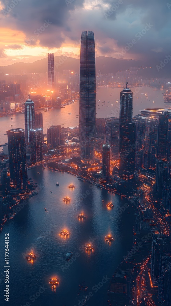 Fototapeta premium Soaring Futuristic Metropolis with Gleaming Skyscrapers and Interconnected Airborne Transportation