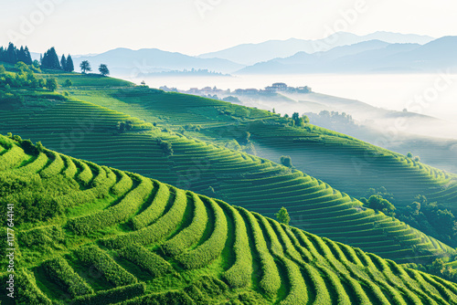 A lush green hillside with a foggy mist in the background