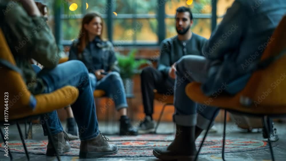 A group of people in casual attire seated on chairs in a cozy room with soft lighting and plants
