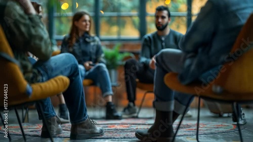 A group of people in casual attire seated on chairs in a cozy room with soft lighting and plants