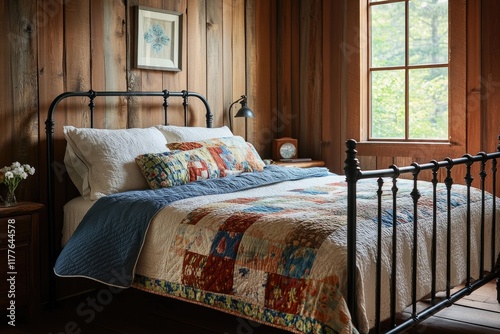 bedroom with wrought iron bedframe handmade quilt and exposed wooden walls bathed in warm sunlight