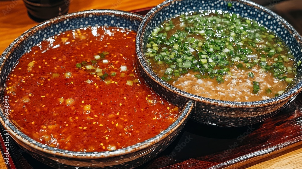 Spicy Sauce and Savory Broth in Traditional Asian Bowls Spicy Sauce and Savory Broth in Traditional Asian Bowls