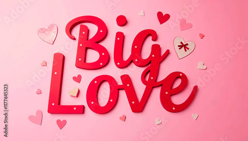 Big love lettering made of red wooden letters on pink background with hearts, valentine day