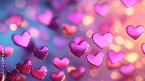 Heart-shaped bokeh lights on a soft gradient background, dreamy romance, 3D illustration photo