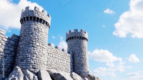 Majestic Stone Castle Fortress - A sturdy stone castle, symbolizing strength, history, protection, royalty, and endurance.  Its imposing towers stand against a bright sky. photo