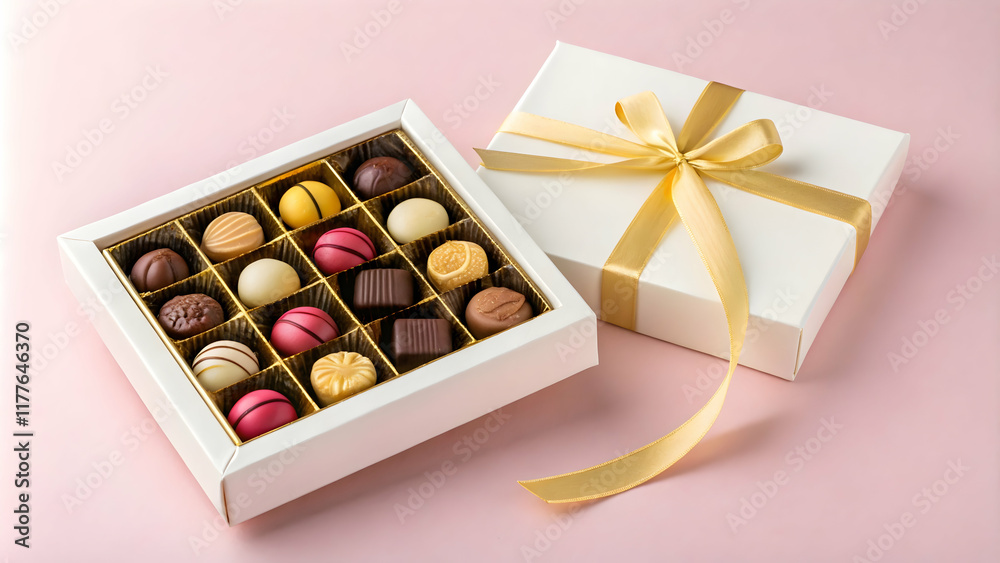 Assorted Chocolates in a White Box with Gold Ribbon on Pink Background Assorted Chocolates in a White Box with Gold Ribbon on Pink Background