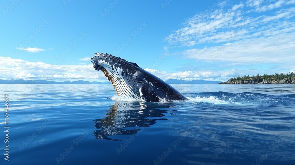 Fototapeta premium Humpback whale breaching in ocean, clear sky.