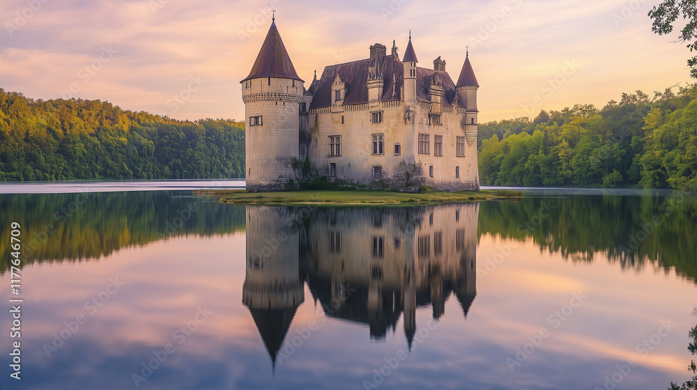 Medieval castle surrounded by serene waters reflecting the beauty of nature at dawn Medieval castle surrounded by serene waters reflecting the beauty of nature at dawn