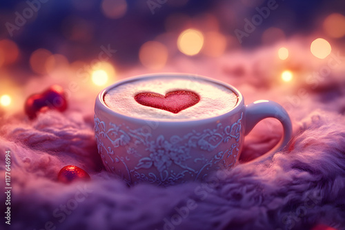 Heart-topped steaming cup spreads warmth and love in a dreamy soft glow photo