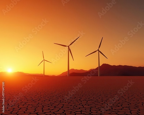 Wind turbines spinning over a sunscorched desert, showcasing energy solutions in hightemperature environments photo