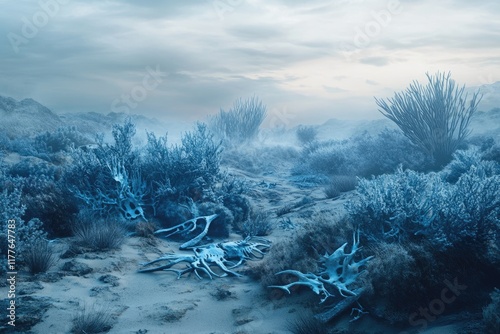 A desolate, icy landscape with skeletal remains of unknown creatures scattered amongst frost-covered vegetation under a cloudy sky. photo