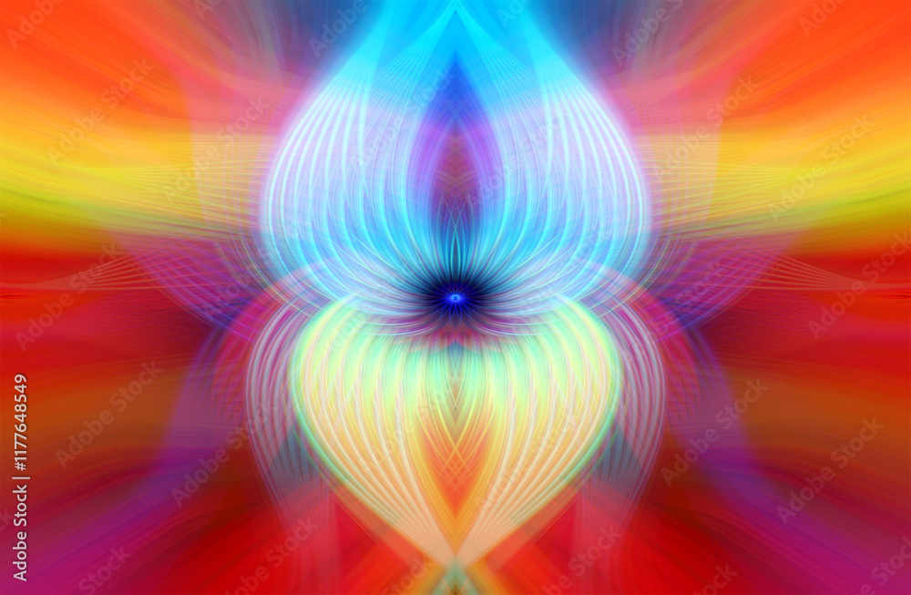 Obraz premium Vibrant abstract art with colorful symmetrical patterns and glowing light effects, perfect for creative and artistic designs