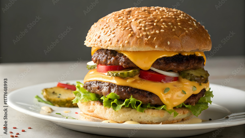 Double Cheeseburger with Cheddar Cheese, Tomato, Pickles, and Lettuce on a Sesame Bun Double Cheeseburger with Cheddar Cheese, Tomato, Pickles, and Lettuce on a Sesame Bun