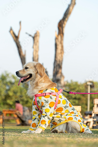 Puppy,Golden Retriever laying down, Happy Golden Retriever in public park.