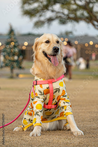 Puppy,Golden Retriever laying down, Happy Golden Retriever in public park.