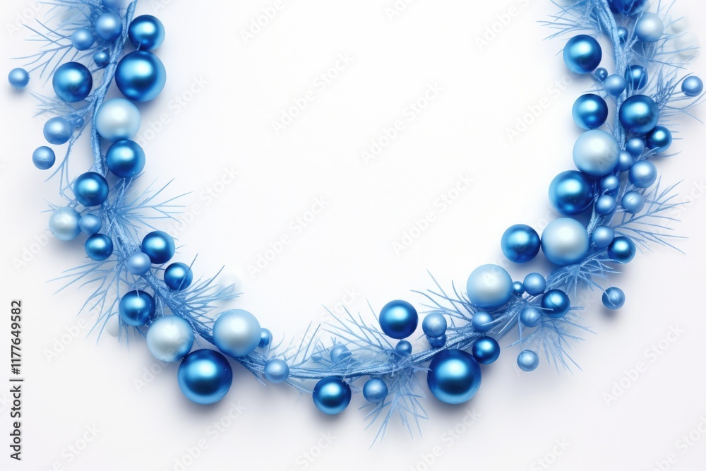 Fototapeta premium Festive Blue Garland Frame for Christmas or Holidays - Decorative Chaplet Arrangement on White Background