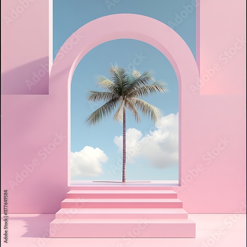 A minimalist pink podium with an arch and blue sky in the summer background
