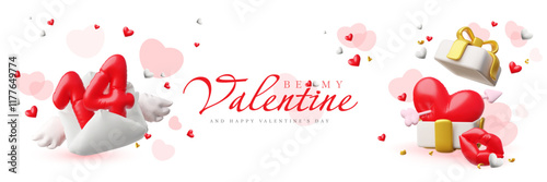 Happy Valentine's Day banner vector design, letter, red and white hearts with arrow from inflated balloon in gift box