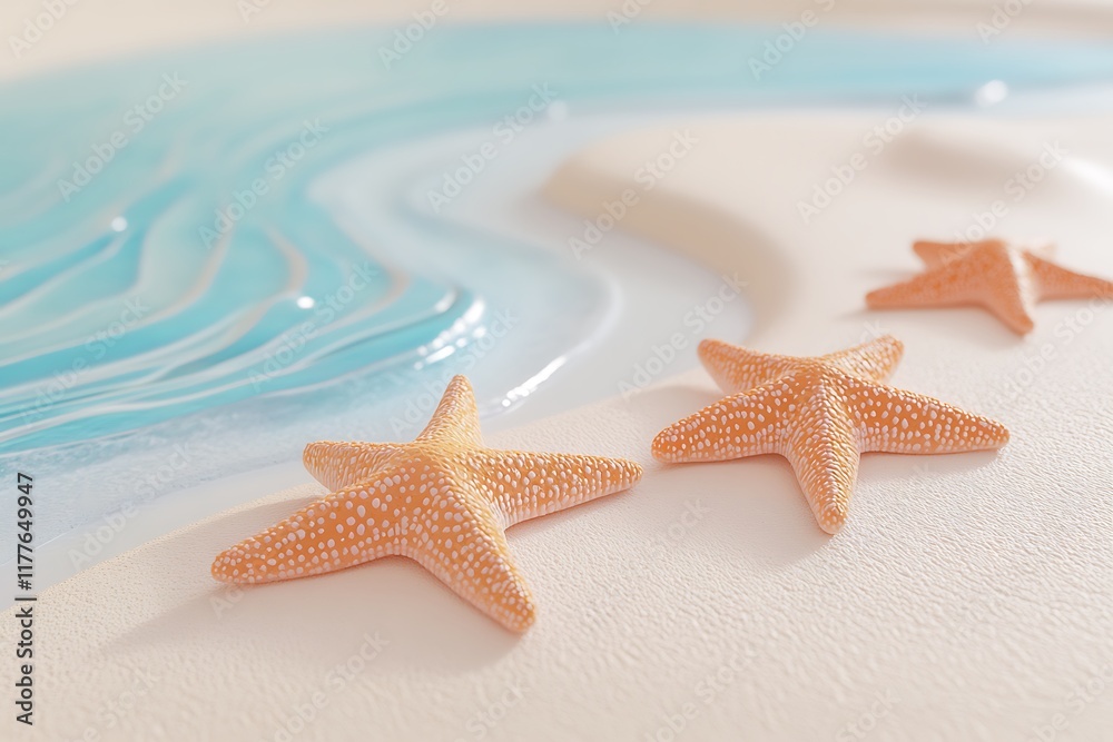 3D rendering of three starfish on the beach with clear blue water, summer background 3D rendering of three starfish on the beach with clear blue water, summer background