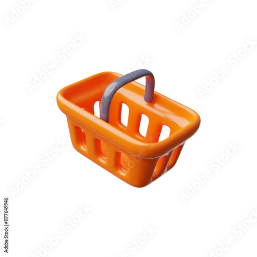 A 3D shopping cart. An empty orange plastic basket, top view on a white background