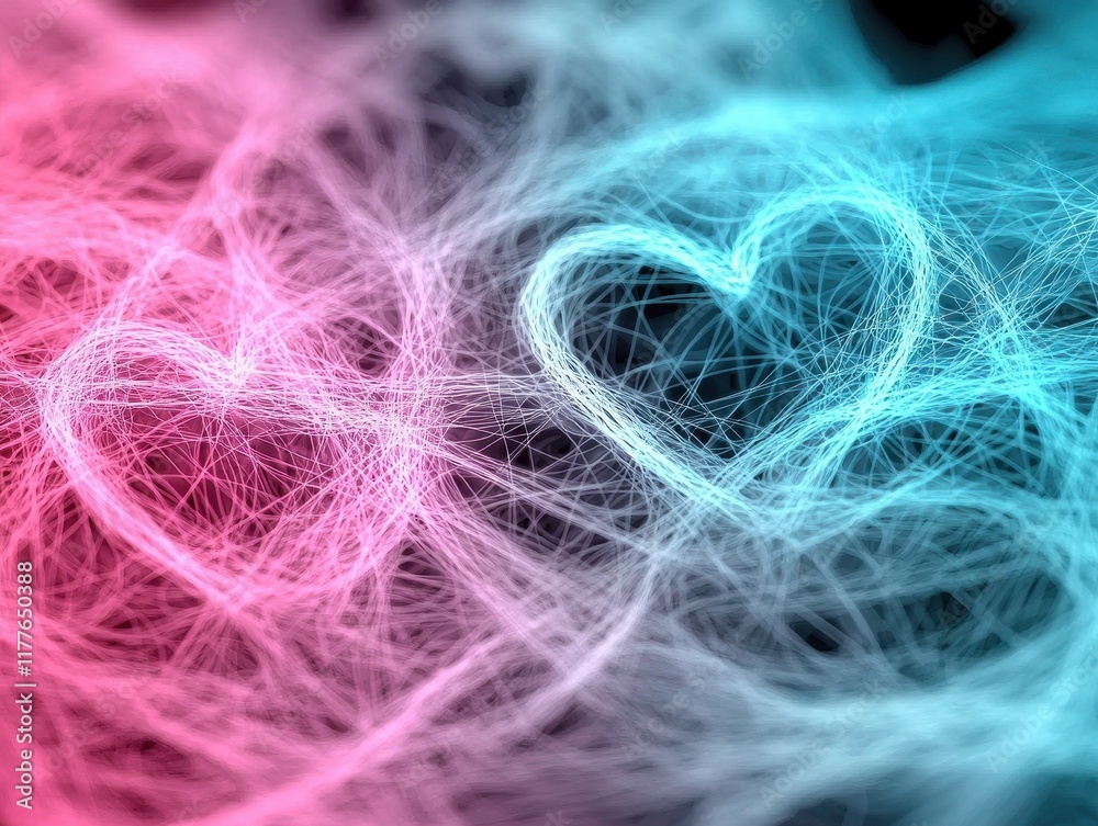 Obraz premium Love-themed abstract art with neon lines forming interconnected hearts, vibrant and dynamic composition.