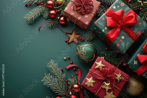 Festive Gift Box Composition with Baubles, Ornaments, and Pine Branches on Green Background photo