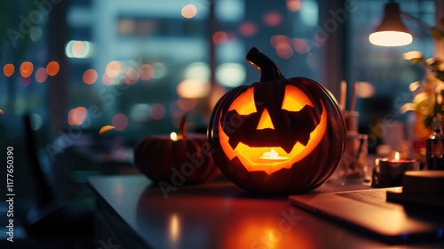 Festive Halloween Office Decor: Glowing Pumpkin Adorning Business Desk