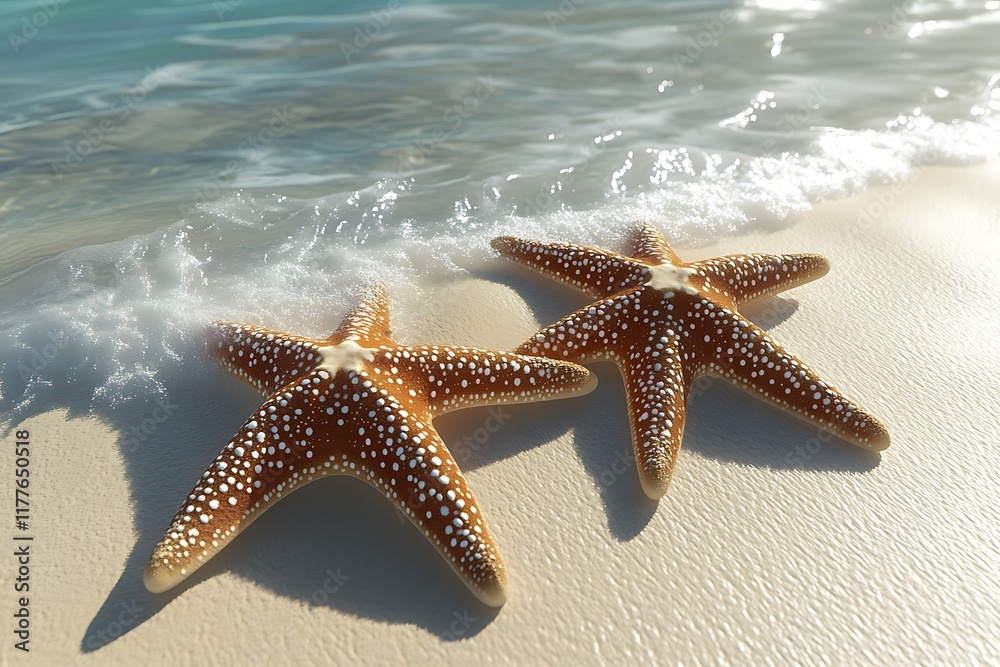 3D rendering of three starfish on the beach with clear blue water, summer background 3D rendering of three starfish on the beach with clear blue water, summer background