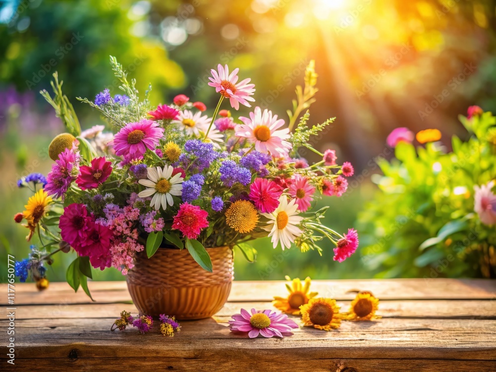 custom made wallpaper toronto digitalPink Wildflowers on Rustic Wooden Table, Summer Food Photography