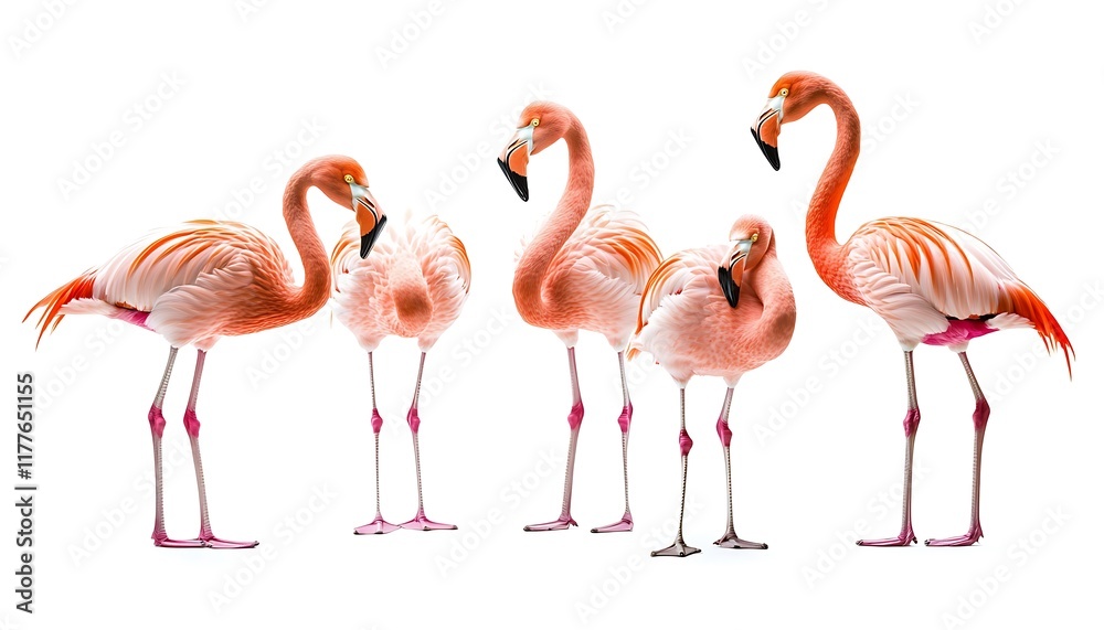 5 pink flamingos in various poses, isolated on a white background 5 pink flamingos in various poses, isolated on a white background