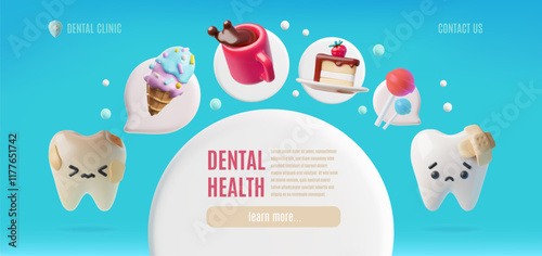 Dental clinic landing page vector design, 3D unhealthy sad teeth exposed to sweets, problems, upset tooth with plaster