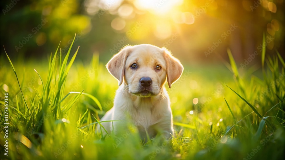 Playful Labrador Puppy on Lush Green Grass - Minimalist Photo Playful Labrador Puppy on Lush Green Grass - Minimalist Photo