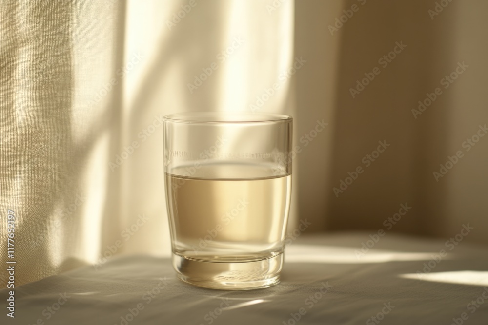 A beautifully illuminated glass of water sits on a soft surface, capturing the serene beauty of simplicity and the aesthetic of natural lighting.