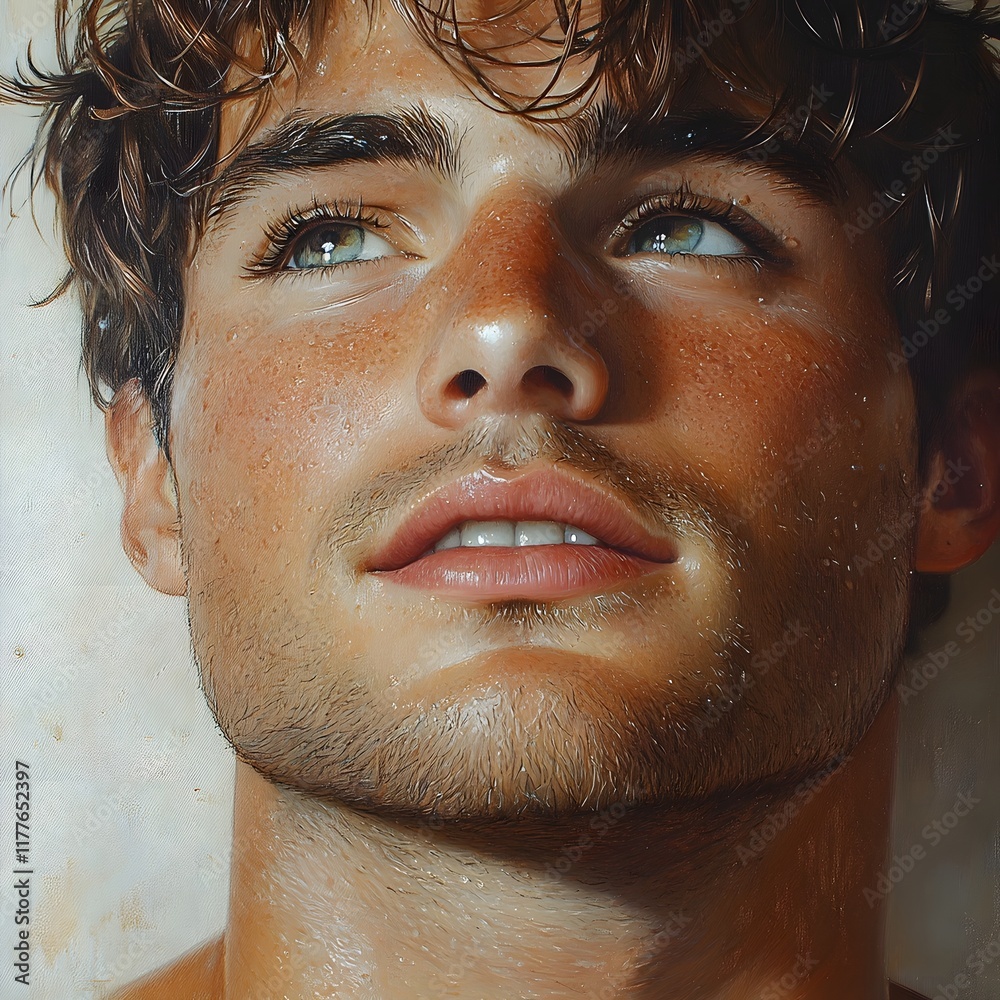 Fototapeta premium Intimate Encounter A Man s Playful and Mischievous Gaze in Soft Dreamlike Lighting