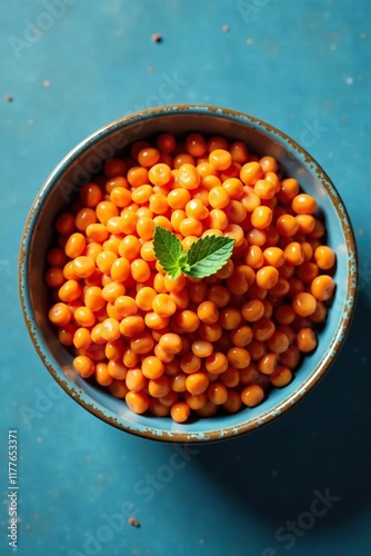 Protein rich red lentils in a bowl on blue background, bluebackground, diningtable, meatless photo