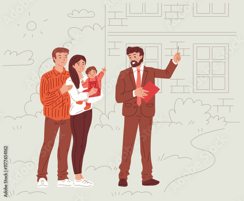Man real estate agent shows apartment to clients, vector family with child meeting with realtor for property purchase