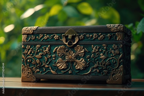 Ornate wooden box with intricate carvings of flowers and vines, a teal and gold treasure chest. photo