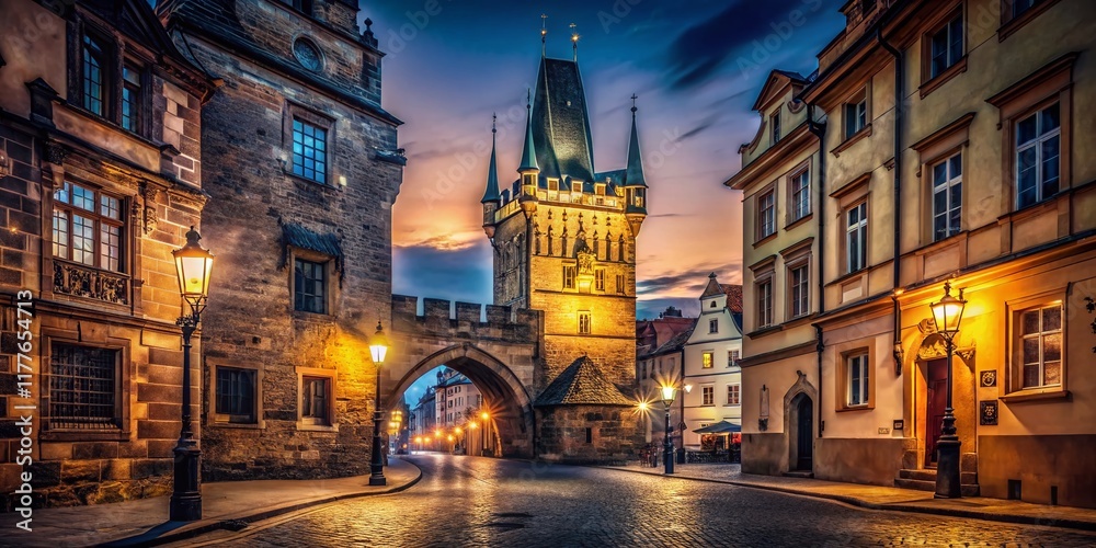 Fototapeta premium Prague Old Town Dust Gate Tower Night Coats of Arms Stock Photo