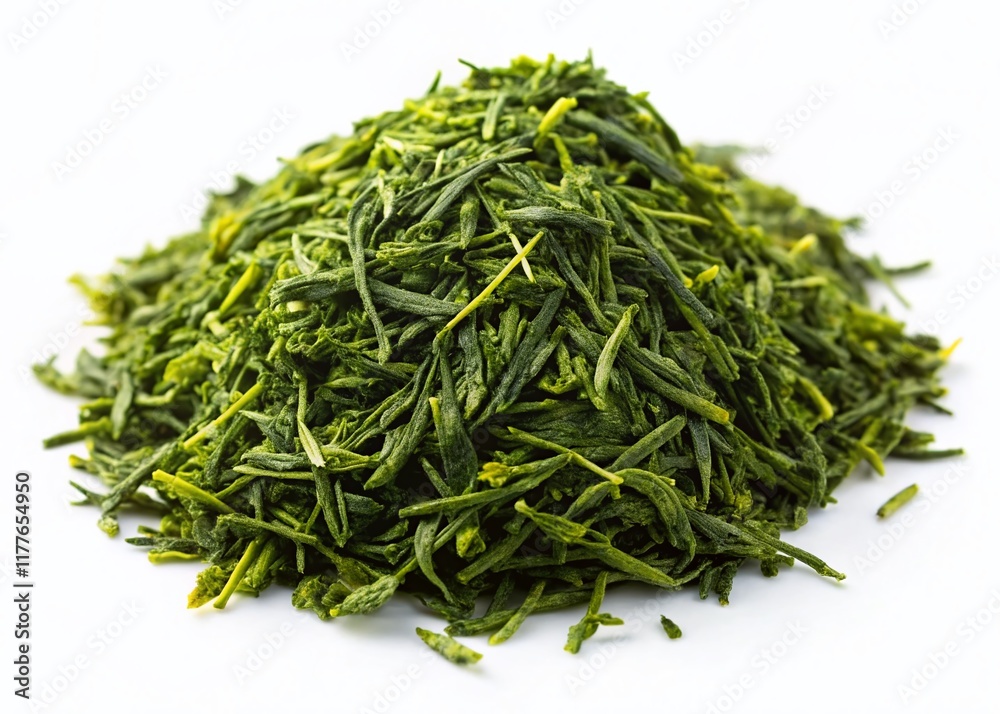 Premium Green Sencha Tea Leaves Isolated on White Background - High-Resolution Stock Photo Premium Green Sencha Tea Leaves Isolated on White Background - High-Resolution Stock Photo