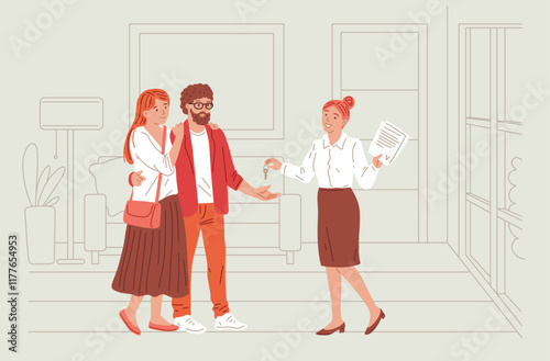 Vector illustration of a realtor handing over keys to clients.