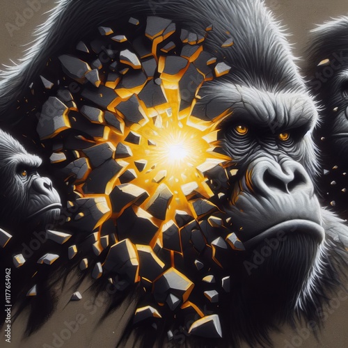 A dark gray and brown gorilla chalk piece shatters into smaller photo