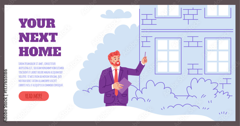 Man real estate agent shows house, assist with property purchase, rent or mortgage, vector banner tagline Your next home Man real estate agent shows house, assist with property purchase, rent or mortgage, vector banner tagline Your next home